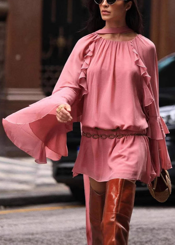 Elegant Rose Ruffles Work Dress Flare Sleeve