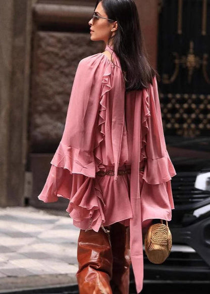 Elegant Rose Ruffles Work Dress Flare Sleeve