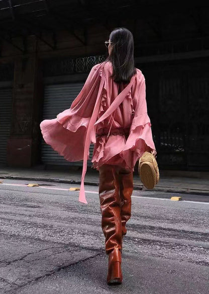 Elegant Rose Ruffles Work Dress Flare Sleeve