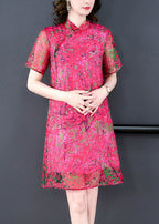 Elegant Rose Stand Collar Print Silk Mid Dress Summer