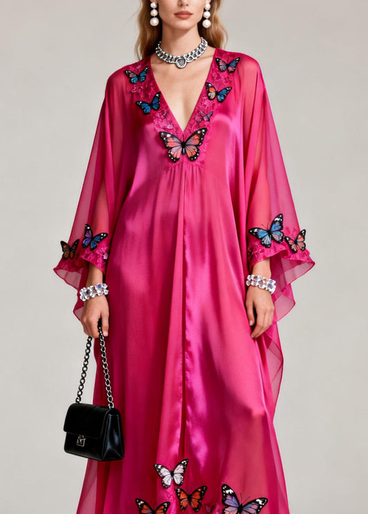 Elegant Rose V Neck Butterfly Silk Maxi Dresses Spring