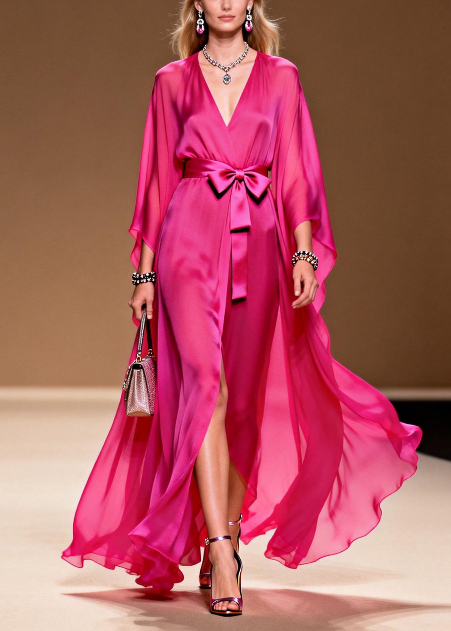 Elegant Rose V Neck Lace Up Chiffon Long Dress Summer
