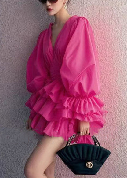 Elegant Rose V Neck Solid Cotton Mini Dress Butterfly Sleeve
