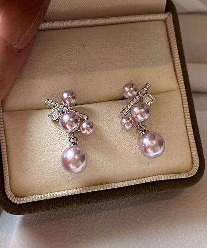Elegant Rosy Sterling Silver Zircon Grape Pearl Stud Earrings
