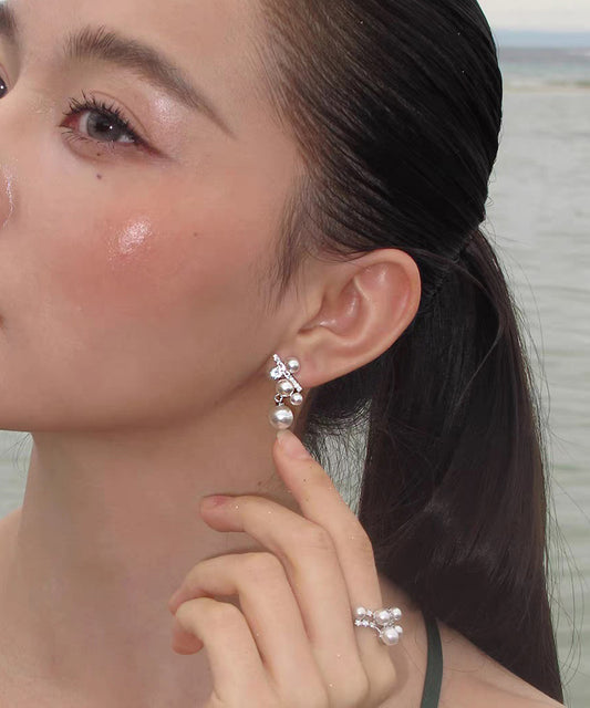 Elegant Rosy Sterling Silver Zircon Grape Pearl Stud Earrings