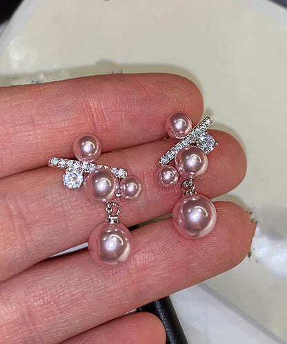 Elegant Rosy Sterling Silver Zircon Grape Pearl Stud Earrings