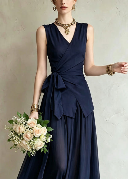 Elegant Royal Blue V Neck Tie Waist Top And Maxi Skirts Two Piece Set Summer