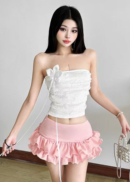 Elegant Ruffled Floral Strapless Tops And Skirts Two Pieces Set Summer