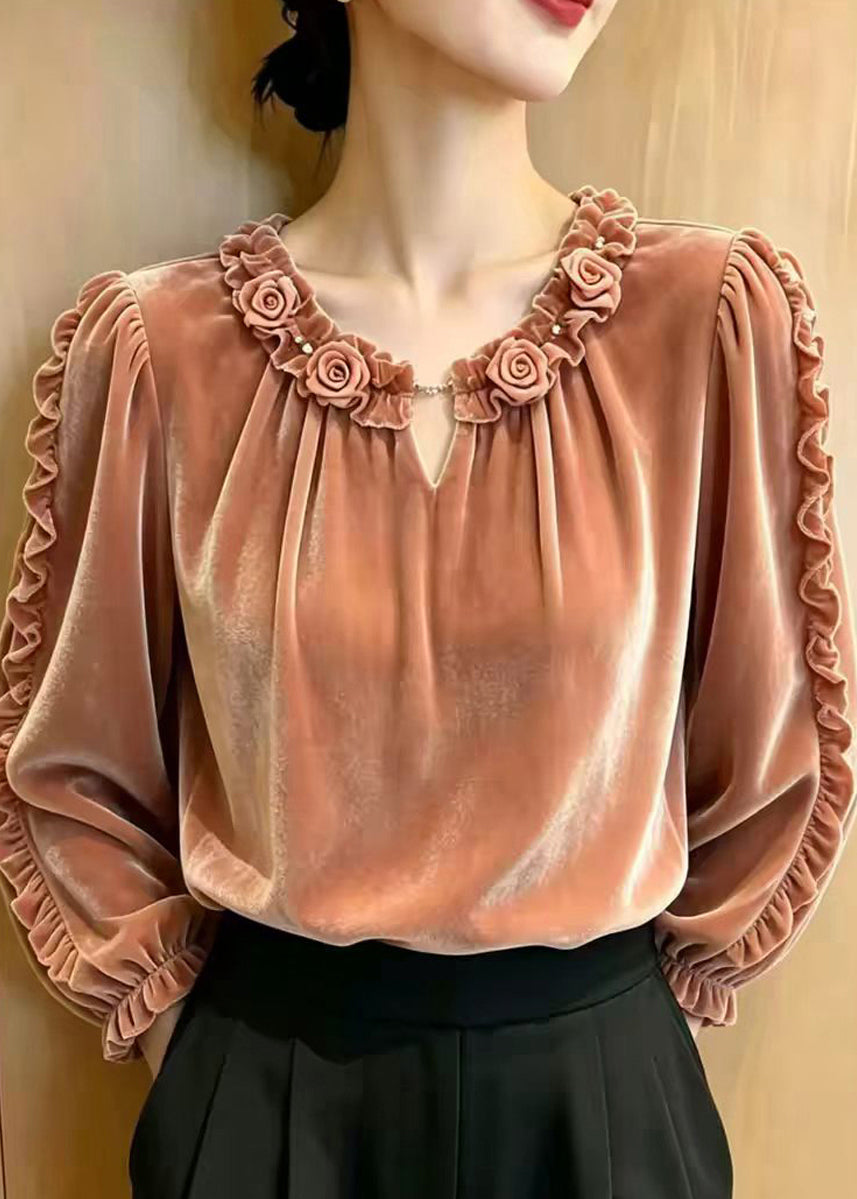 Elegant Ruffled Stereoscopic Floral Silk Velvet Blouse Top Fall