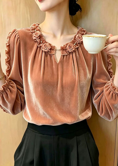 Elegant Ruffled Stereoscopic Floral Silk Velvet Blouse Top Fall