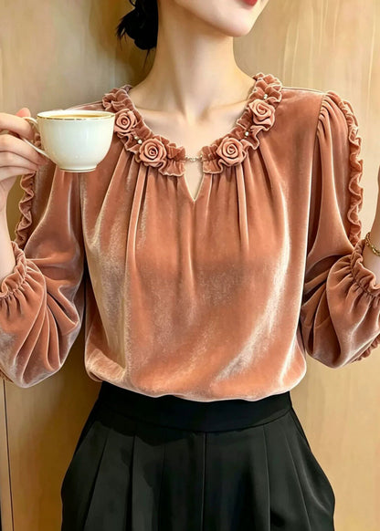 Elegant Ruffled Stereoscopic Floral Silk Velvet Blouse Top Fall