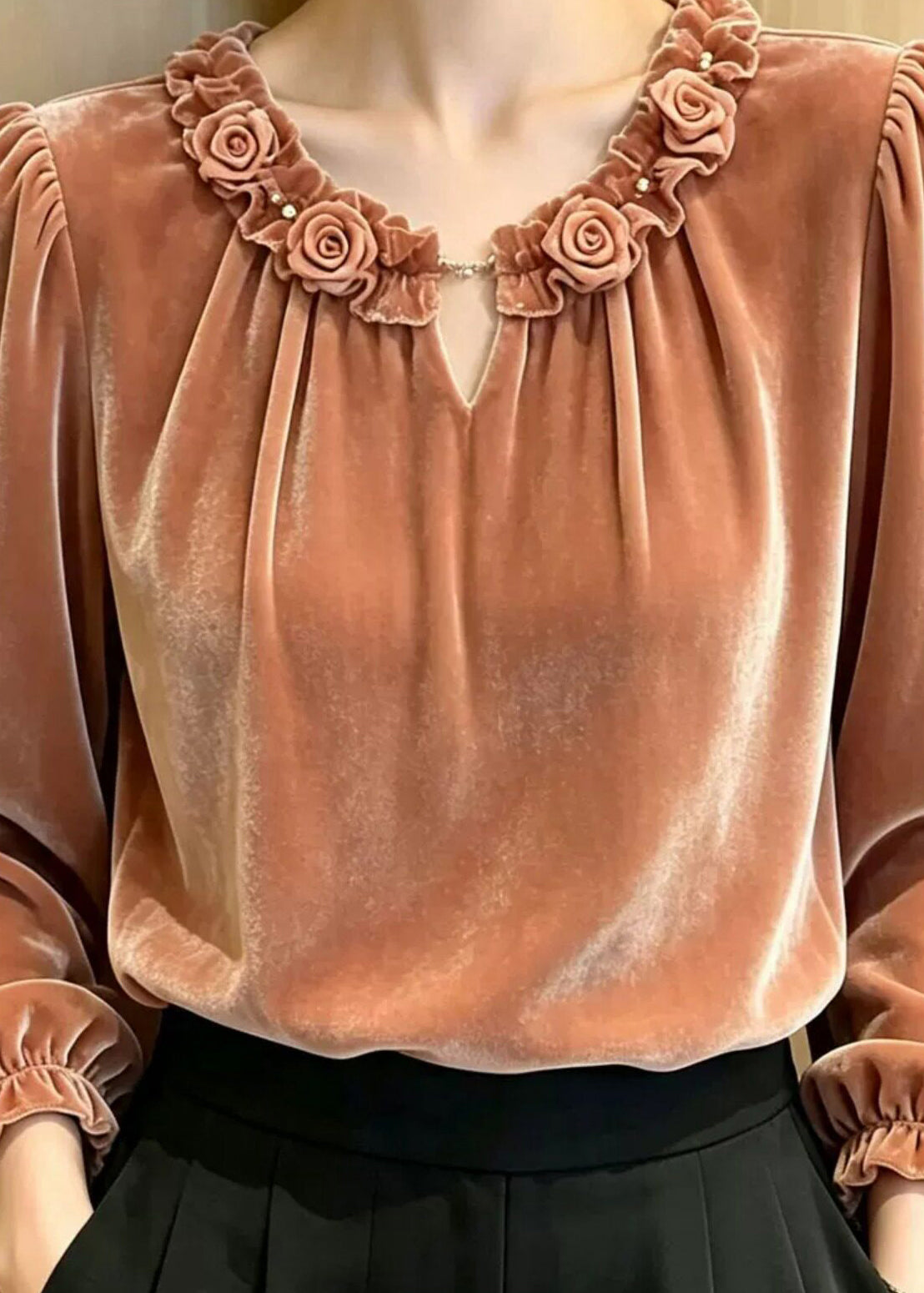 Elegant Ruffled Stereoscopic Floral Silk Velvet Blouse Top Fall
