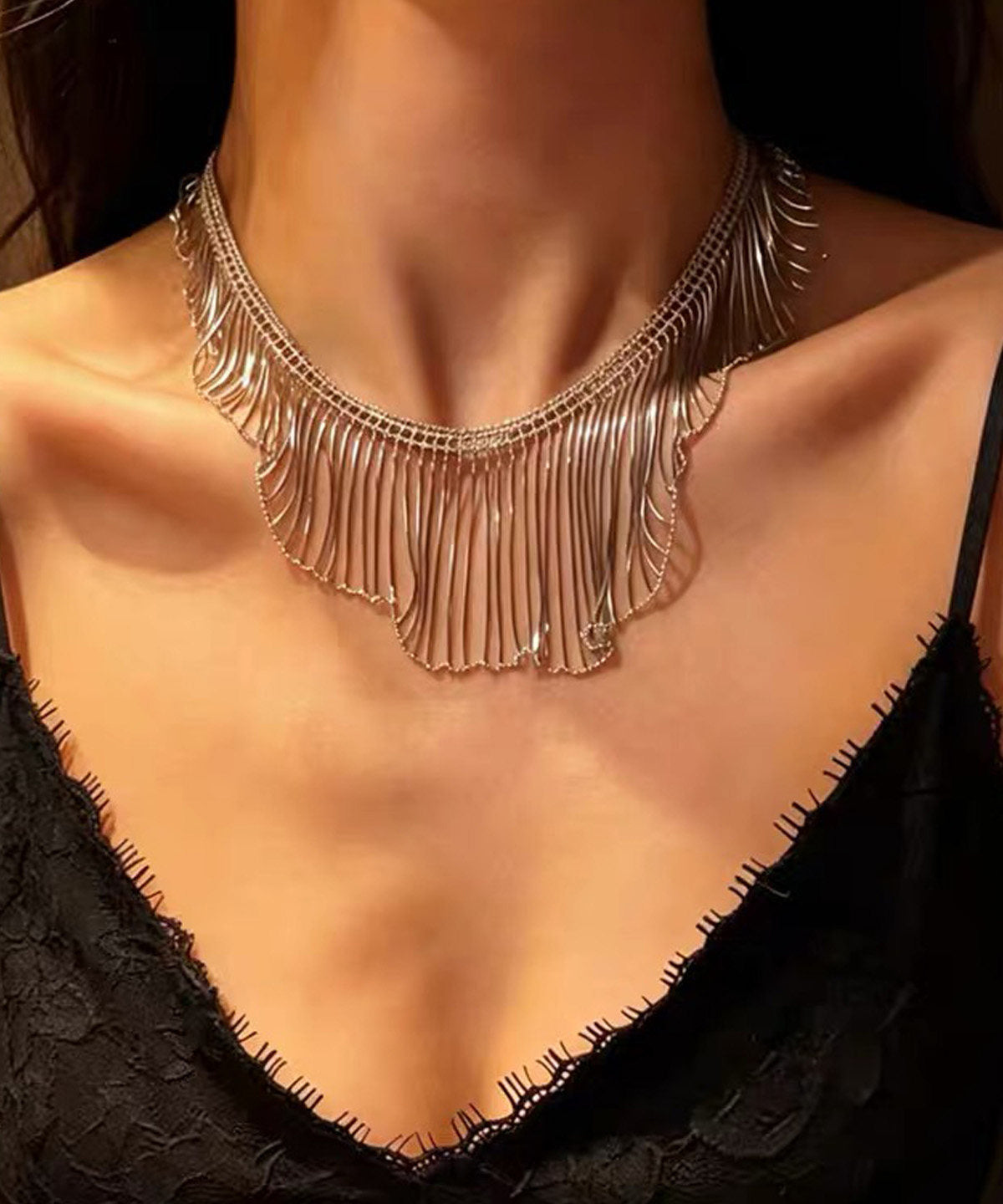 Elegant Silk Copper Silvering Waterfall Tassel Pendant Necklace