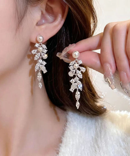 Elegant Silk Imitation Pearl Alloy Zircon Tassel Drop Earrings