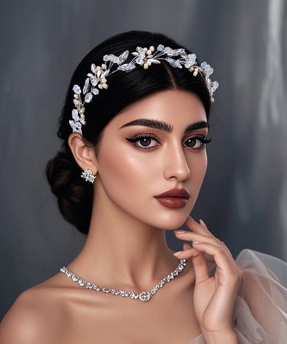 Elegant Silk Weave Zircon Floral Bride HairPiece