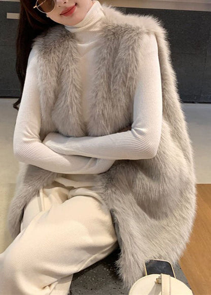 Elegant Silver Grey V Neck Solid Mink Velvet Waistcoat Winter
