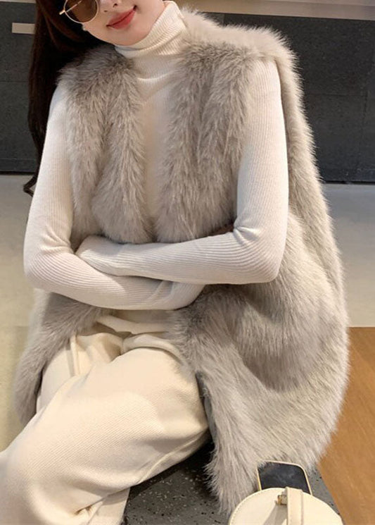 Elegant Silver Grey V Neck Solid Mink Velvet Waistcoat Winter