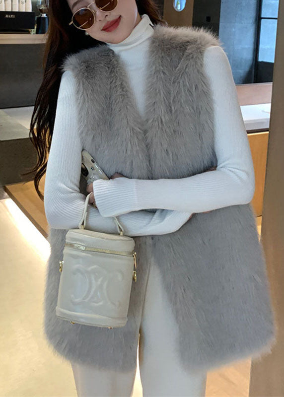 Elegant Silver Grey V Neck Solid Mink Velvet Waistcoat Winter