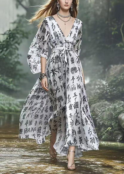 Elegant Silvery Cinched Print Silk Vacation Dress Spring