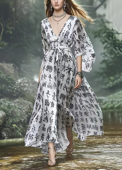 Elegant Silvery Cinched Print Silk Vacation Dress Spring