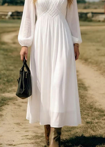 Elegant Simple White V Neck Chiffon Long Dress Spring