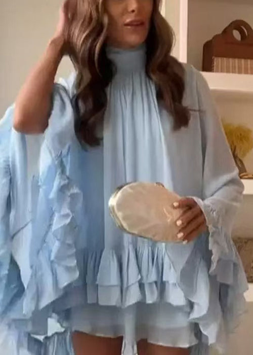 Elegant Sky Blue Button Wrinkled Chiffon Mini Dress Batwing Sleeve