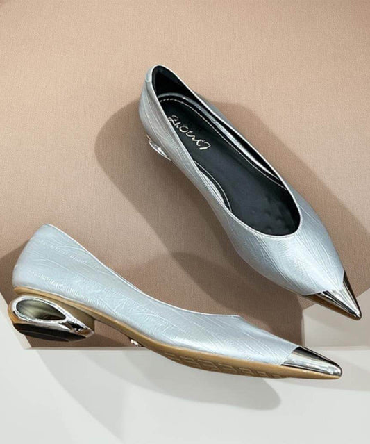 Elegant Splicing Chunky Beige Faux Leather Pointed Toe