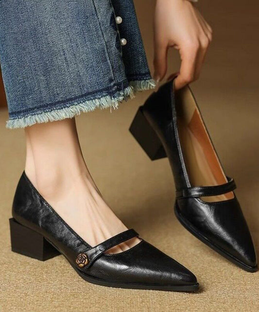 Elegant Splicing Chunky High Heels Black Faux Leather Pointed Toe