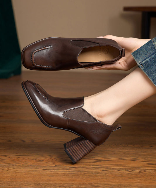 Elegant Splicing Chunky High Heels Brown Cowhide Leather
