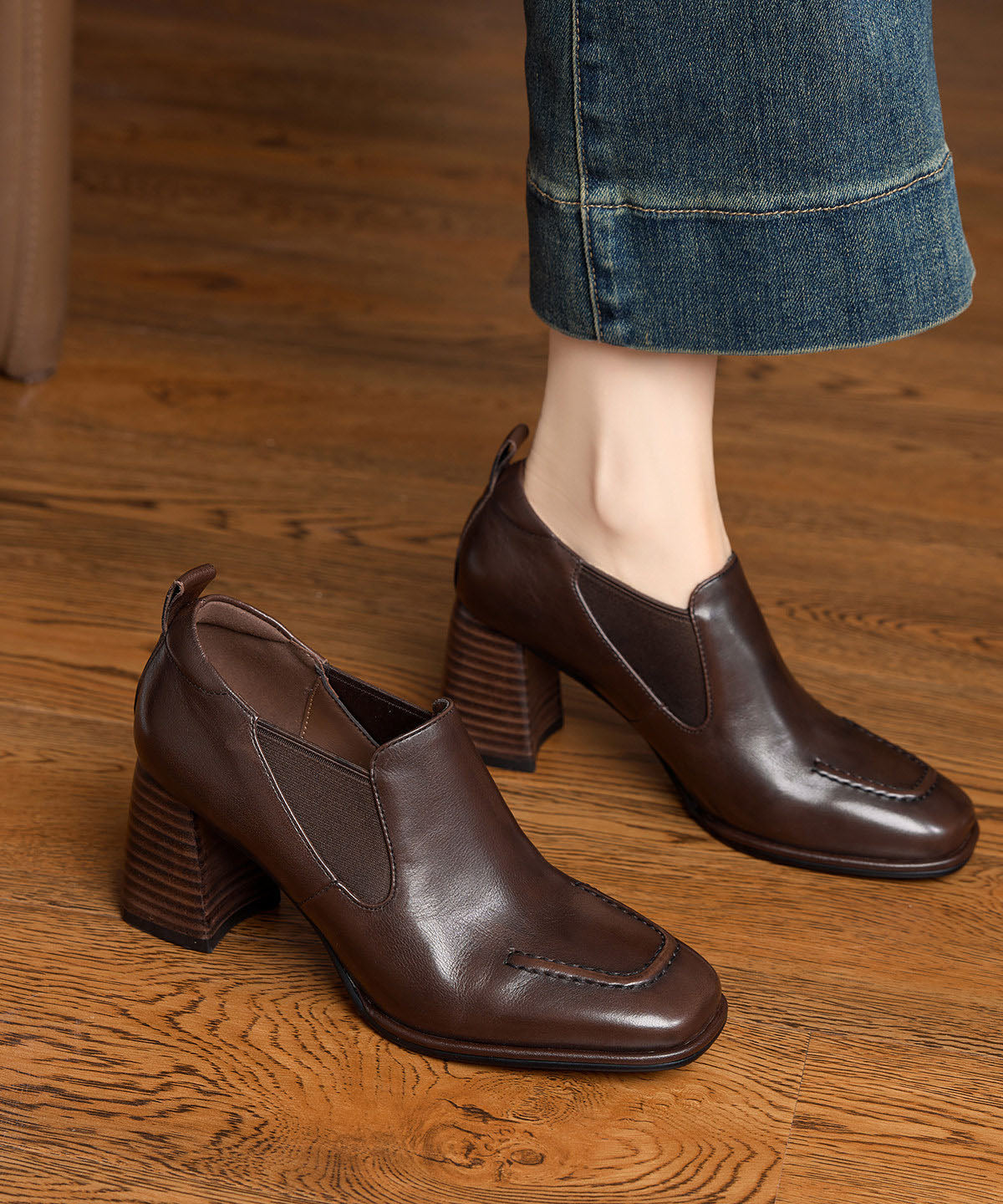 Elegant Splicing Chunky High Heels Brown Cowhide Leather