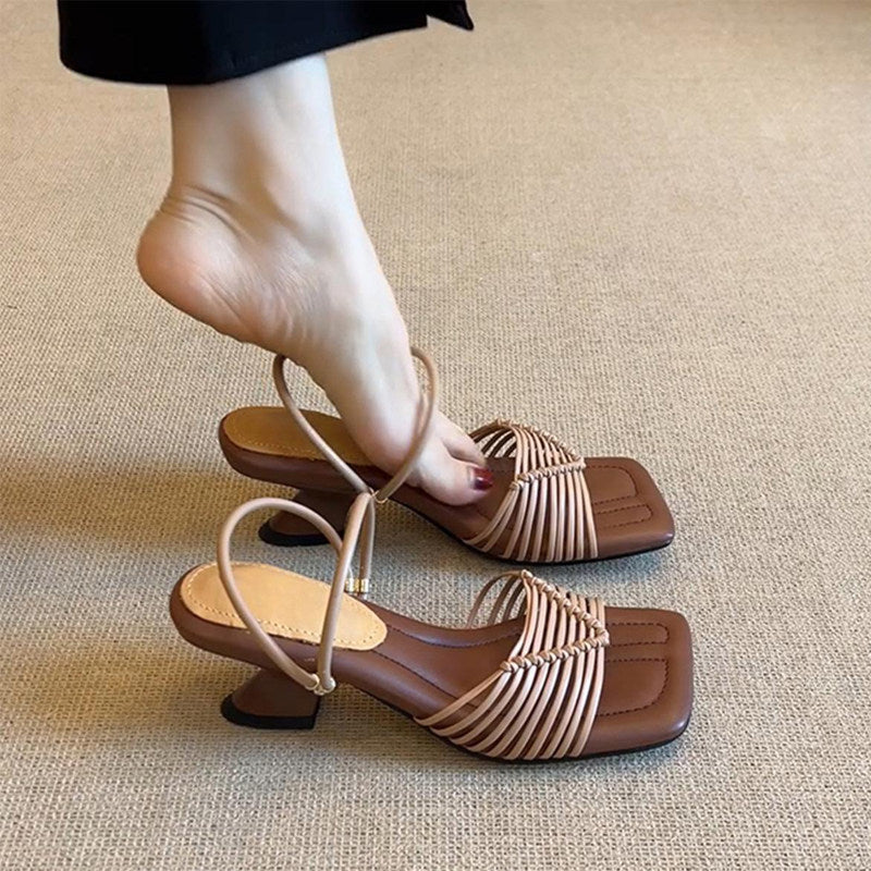 Elegant Splicing Chunky Sandals Brown Faux Leather Peep Toe