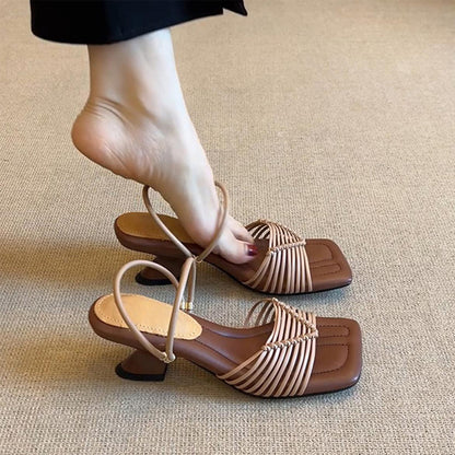 Elegant Splicing Chunky Sandals Brown Faux Leather Peep Toe