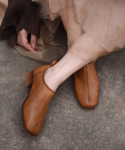 Elegant Splicing Chunky Shoes Camel Cowhide Leather