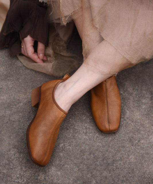 Elegant Splicing Chunky Shoes Camel Cowhide Leather