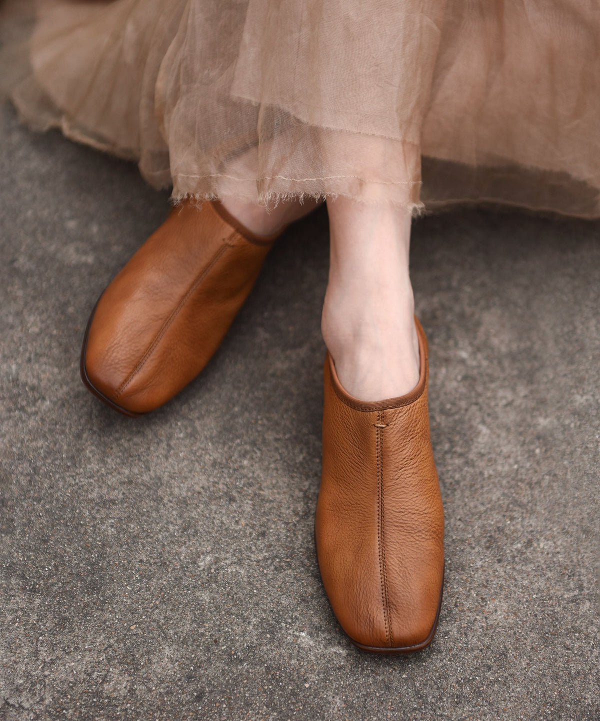 Elegant Splicing Chunky Shoes Camel Cowhide Leather