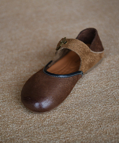Elegant Splicing Flat Shoes For Women Brown Cowhide Leather
