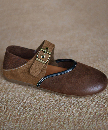 Elegant Splicing Flat Shoes For Women Brown Cowhide Leather