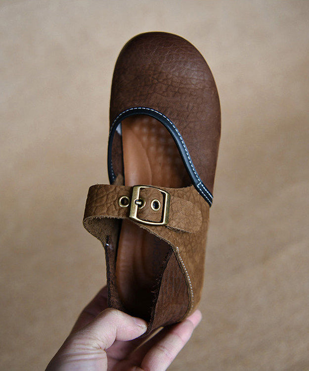 Elegant Splicing Flat Shoes For Women Brown Cowhide Leather