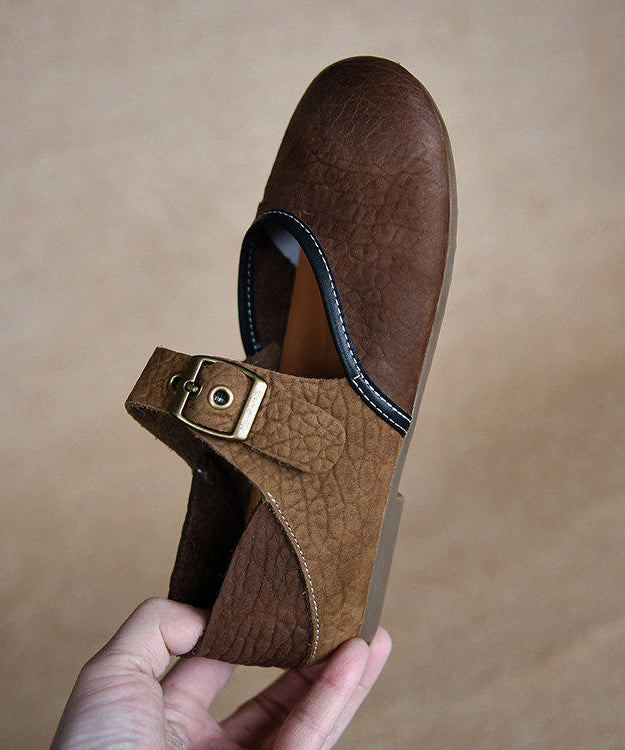 Elegant Splicing Flat Shoes For Women Brown Cowhide Leather