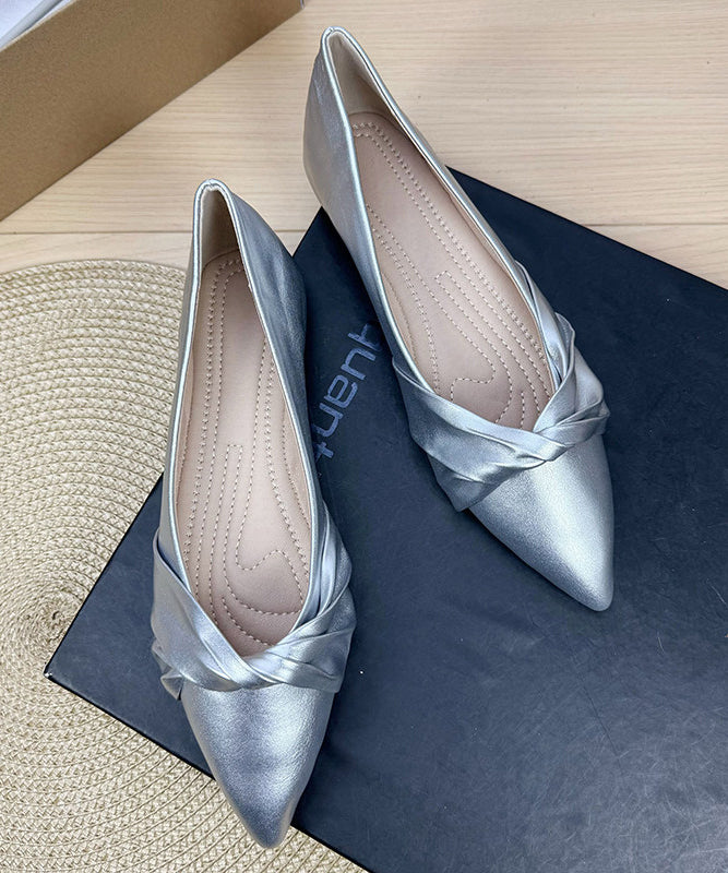 Elegant Splicing Flats Silver Faux Leather Pointed Toe