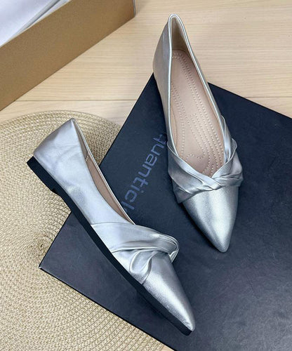 Elegant Splicing Flats Silver Faux Leather Pointed Toe