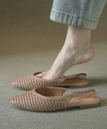 Elegant Splicing Sandals Apricot Cowhide Leather Pointed Toe Hollow Out