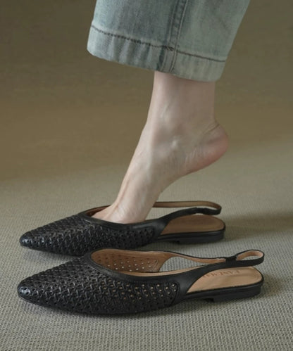 Elegant Splicing Sandals Apricot Cowhide Leather Pointed Toe Hollow Out