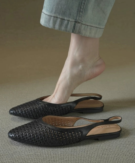 Elegant Splicing Sandals Apricot Cowhide Leather Pointed Toe Hollow Out