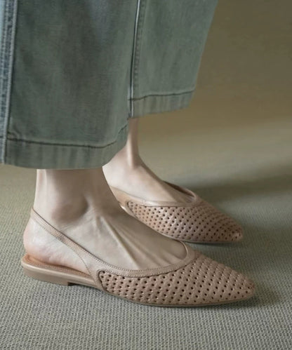 Elegant Splicing Sandals Apricot Cowhide Leather Pointed Toe Hollow Out
