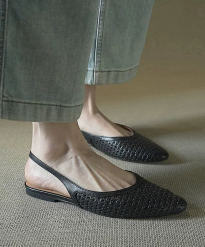 Elegant Splicing Sandals Apricot Cowhide Leather Pointed Toe Hollow Out