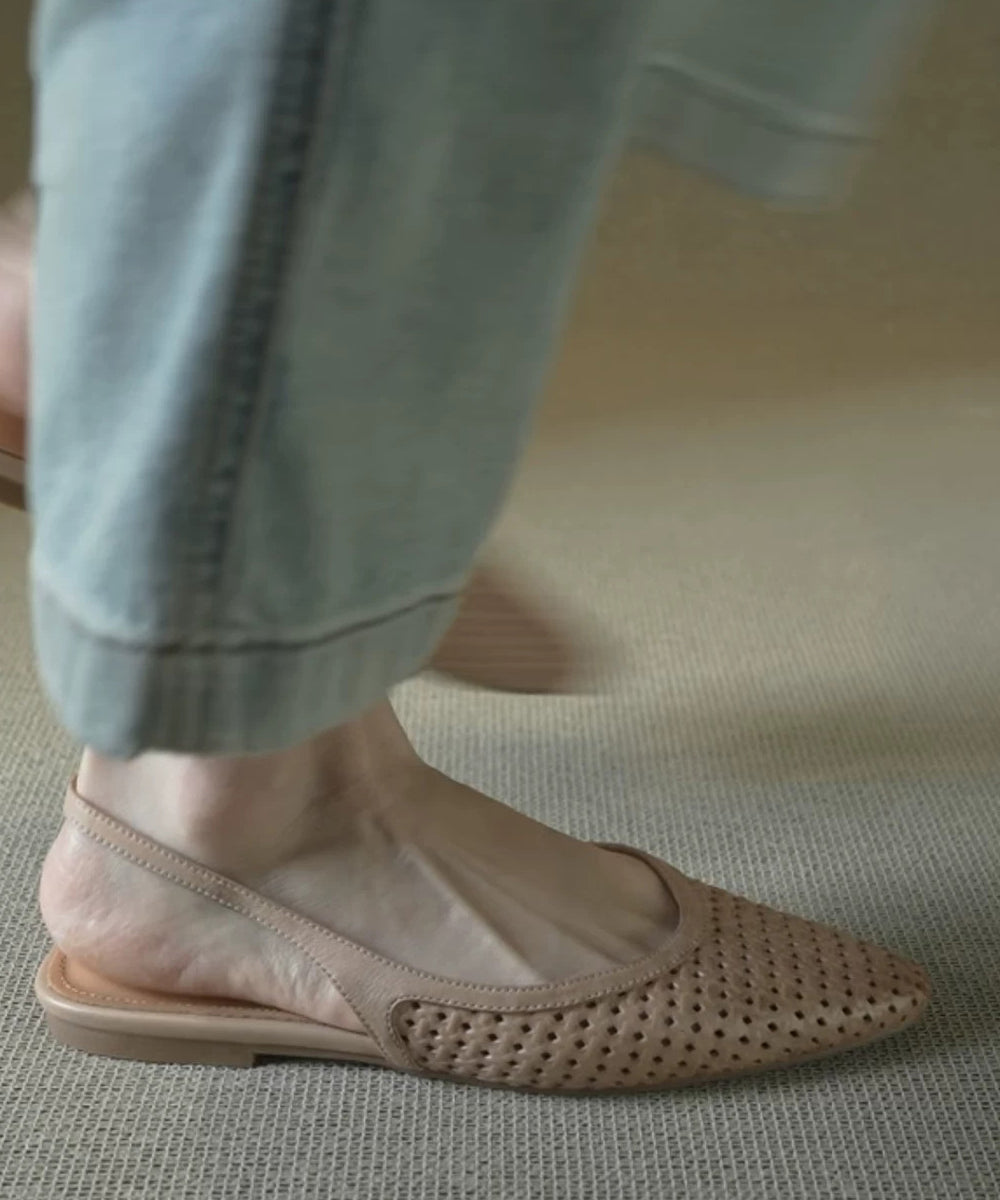 Elegant Splicing Sandals Apricot Cowhide Leather Pointed Toe Hollow Out