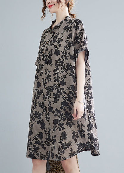 Elegant Stand Collar Button Print Linen Dress Short Sleeve