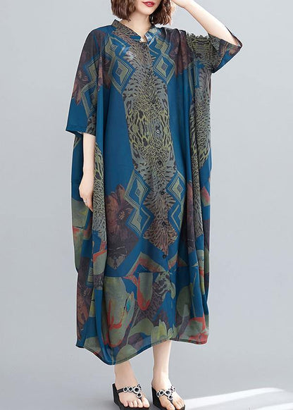 Elegant Stand Collar Summer Tunics Blue Abstract Pattern Long Dress - SooLinen