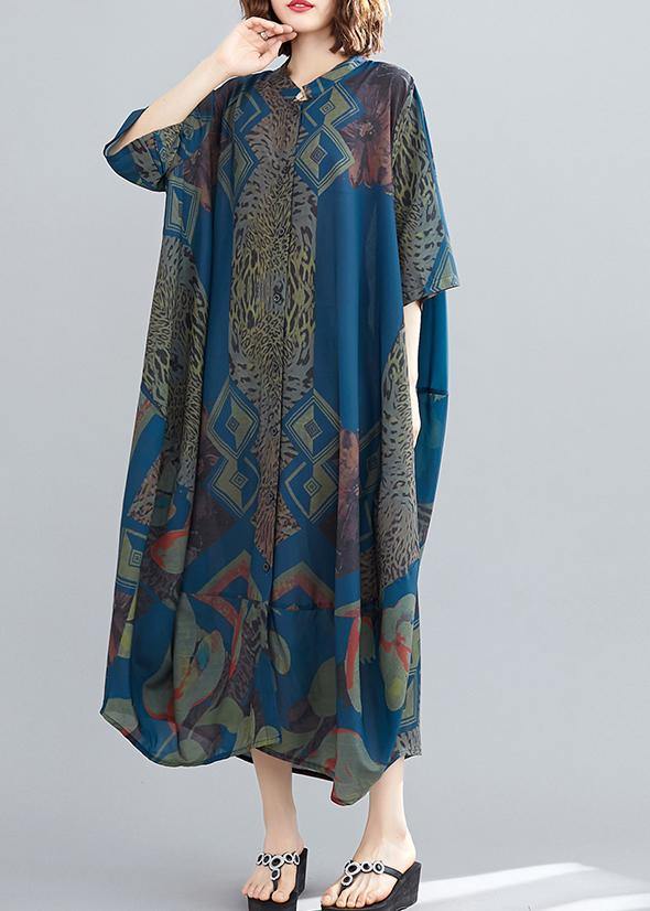 Elegant Stand Collar Summer Tunics Blue Abstract Pattern Long Dress - SooLinen